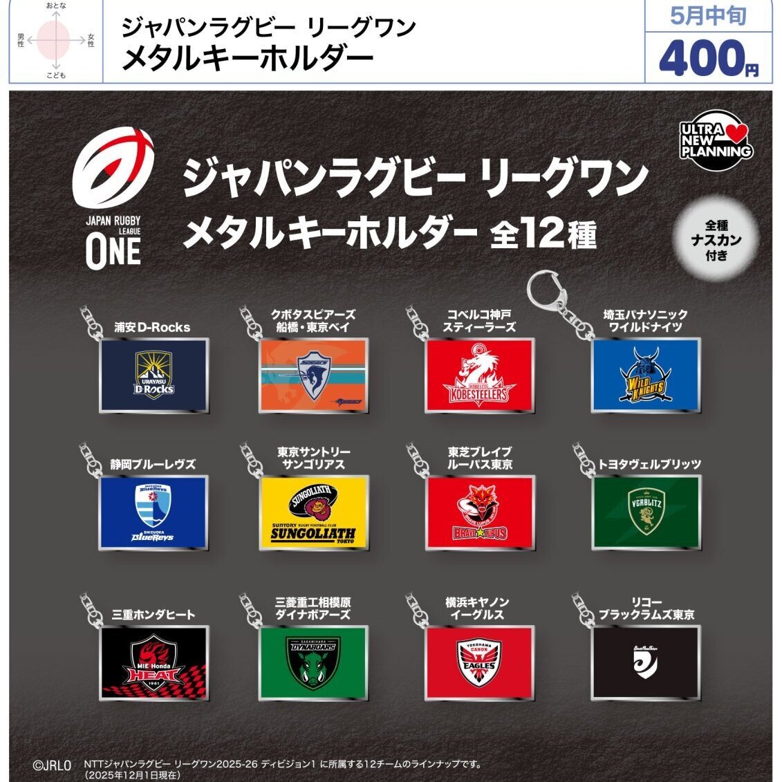 画像1: ジャパンラグビー　リーグワン　メタルキーホルダー（５月）【★４００円カプセル　３０個入り　ウルプラ】＋正規台紙