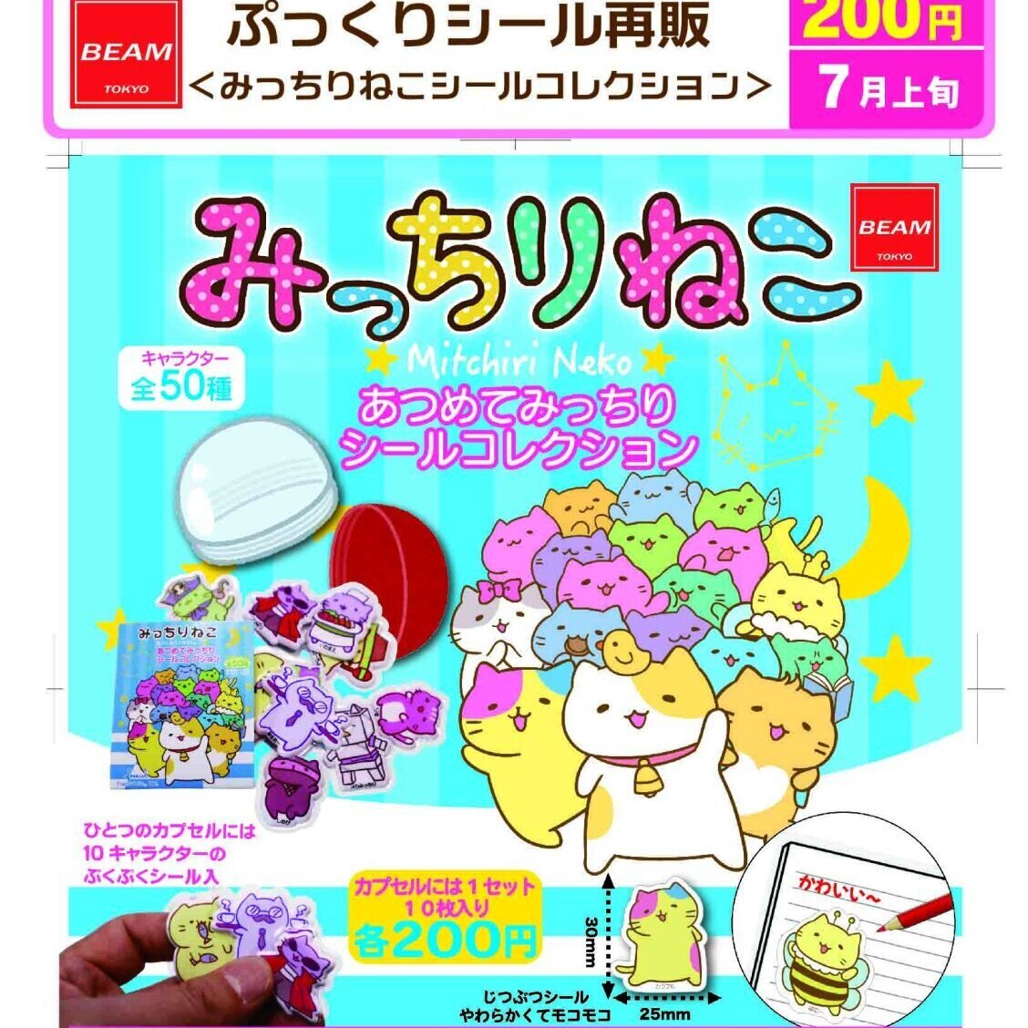 画像1: ぷっくりシール再販　みっちりねこシール　コレクション（再販）（７月）【◆２００円カプセル　５０個入り　ビーム】＋正規台紙