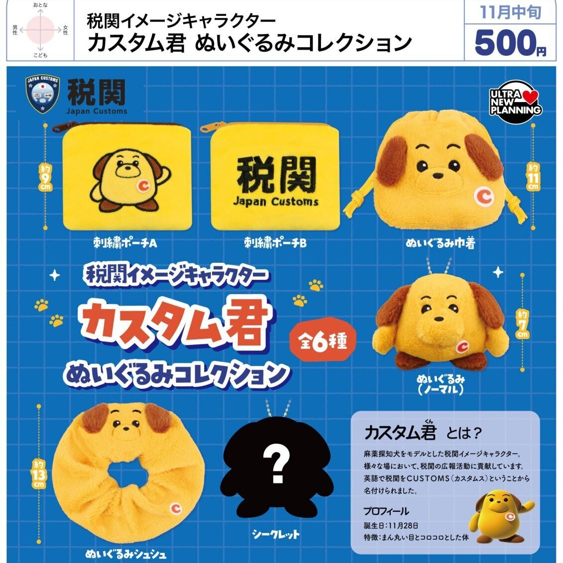 画像1: 税関イメージキャラクター カスタム君 ぬいぐるみコレクション（１１月）【▲５００円カプセル　２０個入り　ウルプラ】＋正規台紙