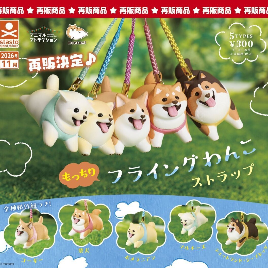 画像1: もっちりフライングわんこストラップ（再販）（１１月）【▲３００円カプセル　４０個入り　S・ストーンズ】＋正規台紙